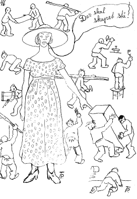 Ingeborg overseeing the work. Caricature by Per Teigen